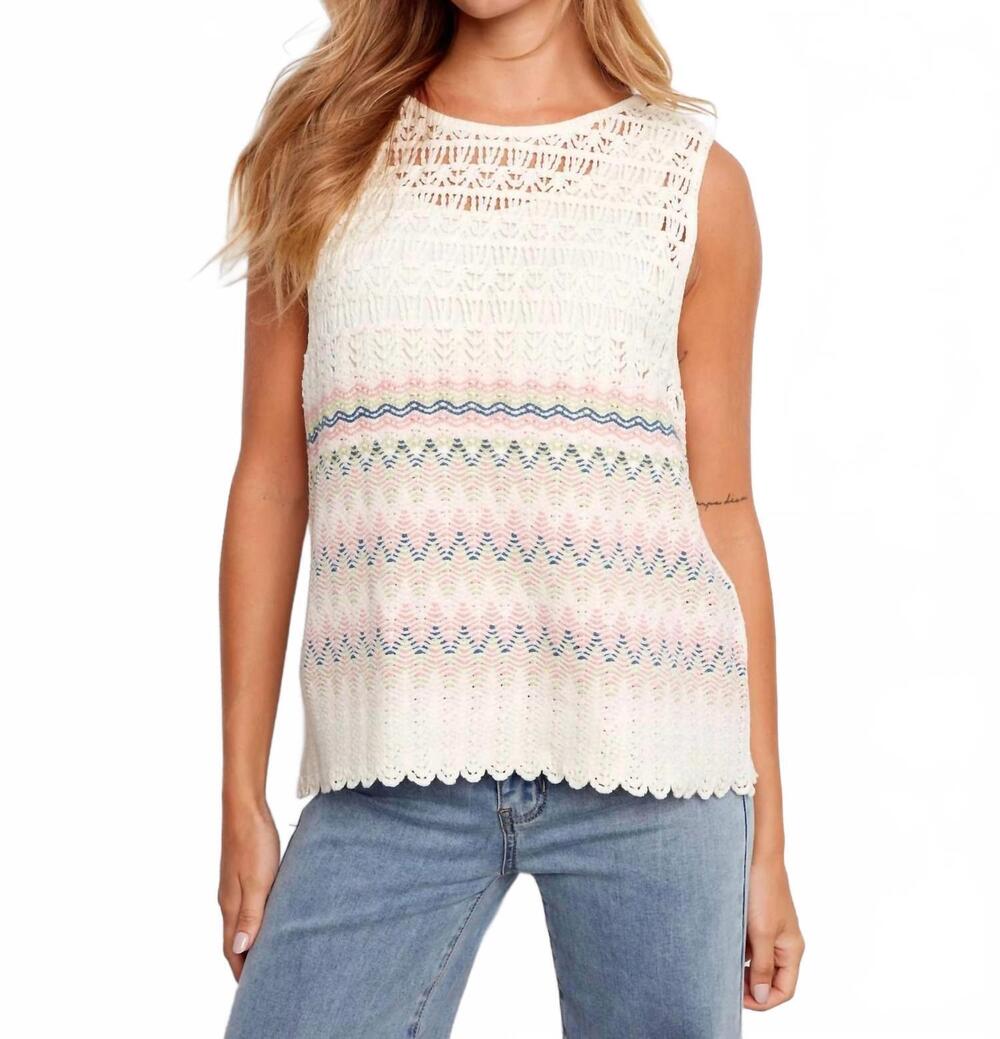 NEW CHARLIE B striped sleeveless crochet cotton blend top in stripes
